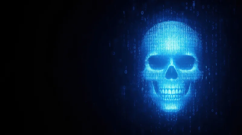 Digital skull formed from glowing binary code in dark space