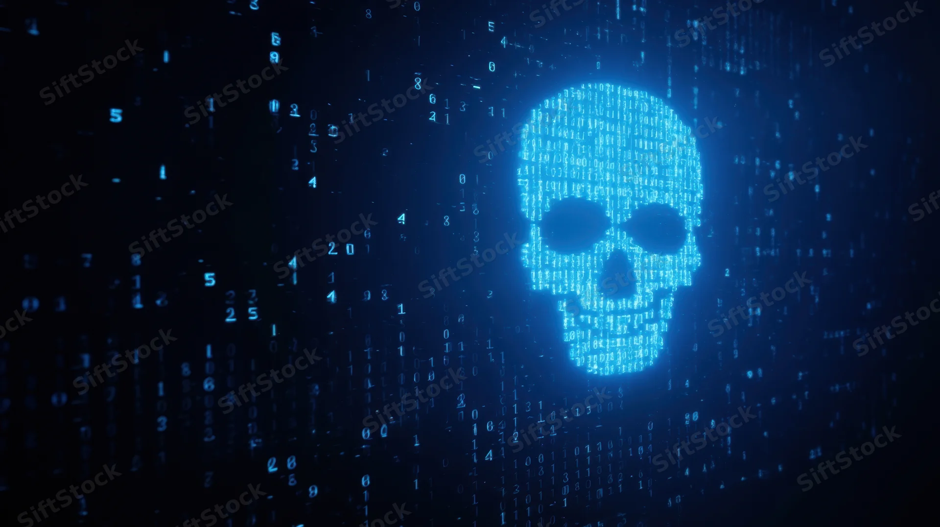 Digital skull formed from binary code glowing in dark cyberspace