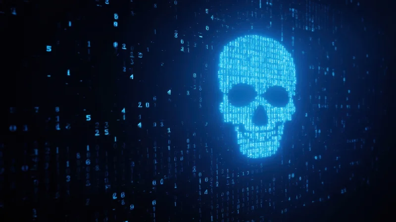 Digital skull formed from binary code glowing in dark cyberspace