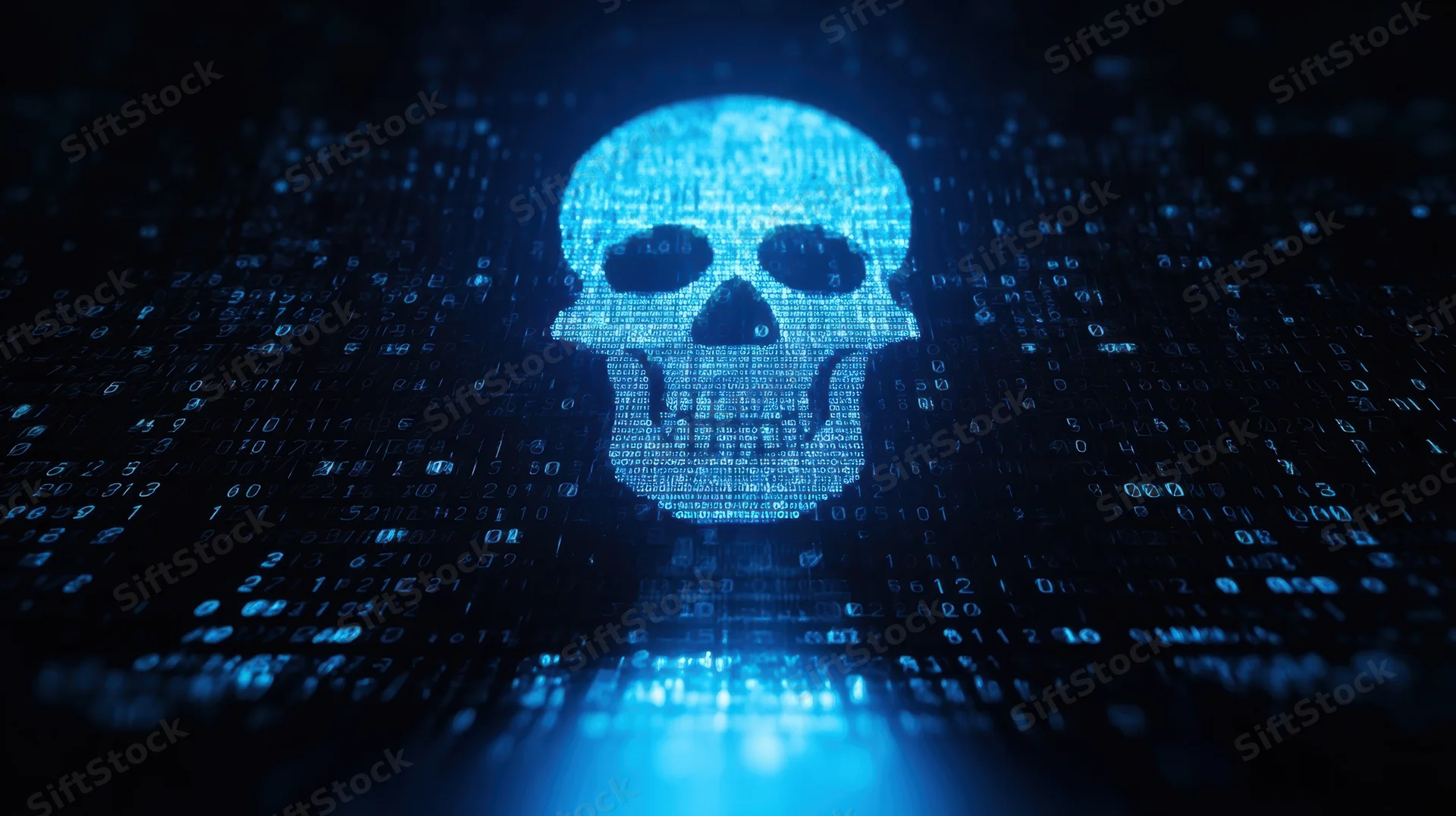 Digital skull formed from binary code glowing in dark cyberspace