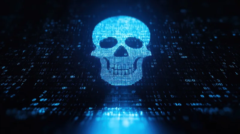 Digital skull formed from binary code glowing in dark cyberspace