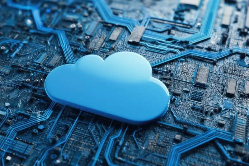 Blue cloud symbol resting on a detailed circuit board surface