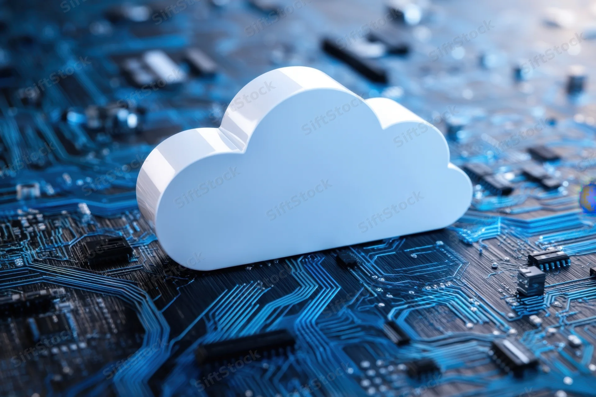 White cloud symbol resting on a blue circuit board surface