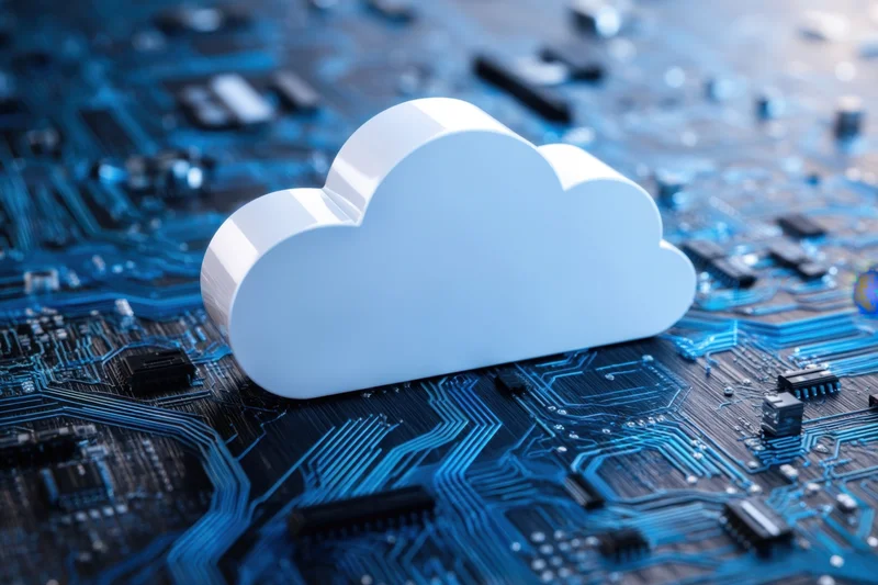 White cloud symbol resting on a blue circuit board surface