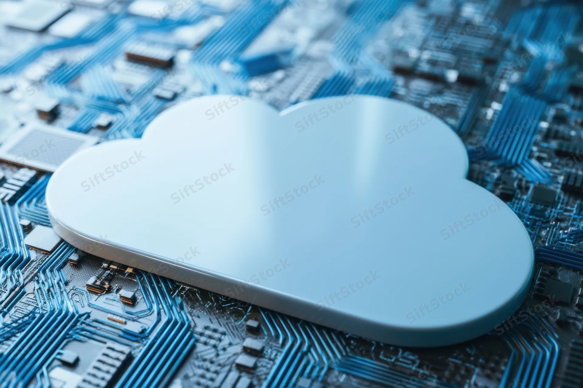 A cloud icon resting on a blue circuit board surface