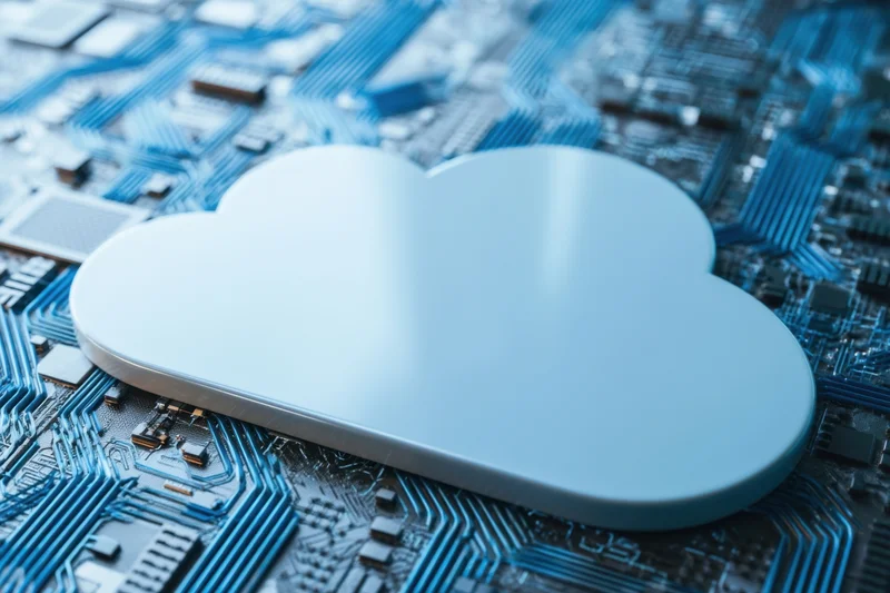 A cloud icon resting on a blue circuit board surface
