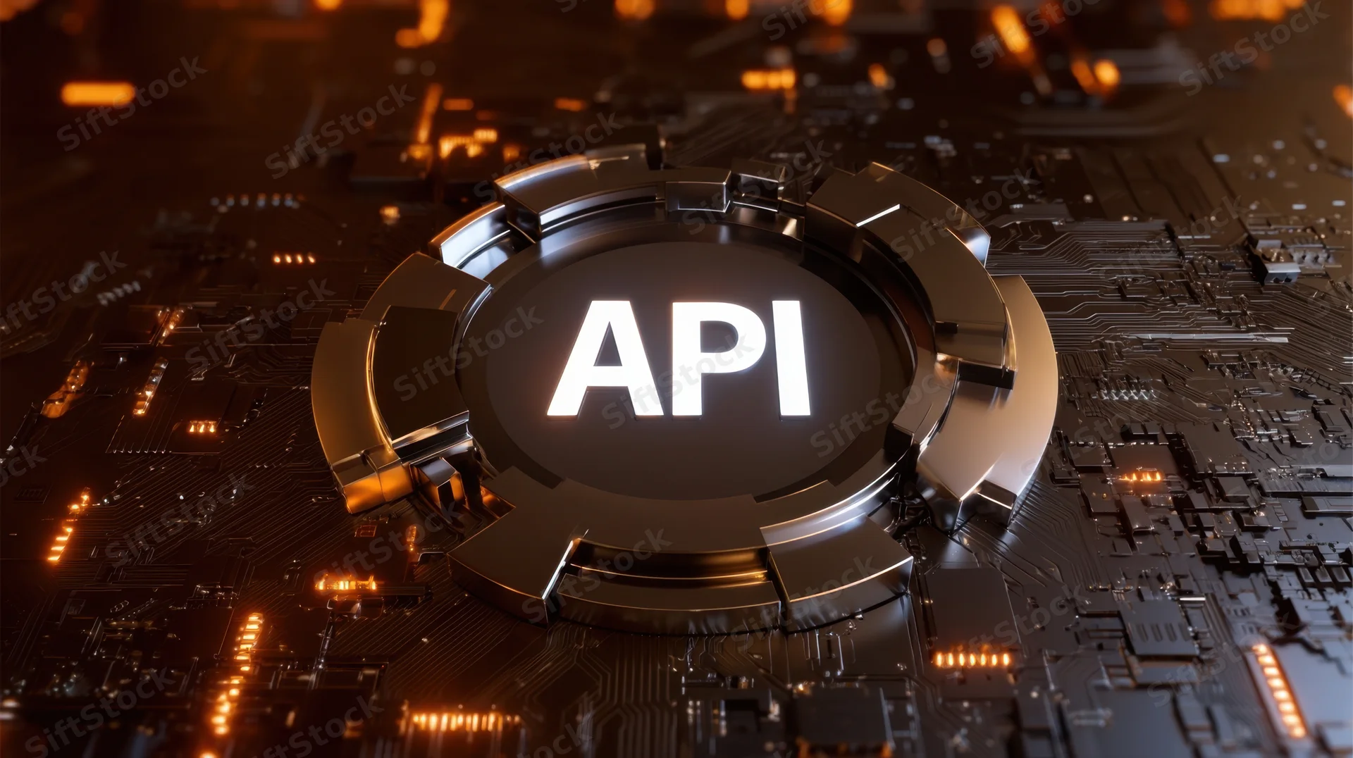 Api symbol on a glowing circuit board surface
