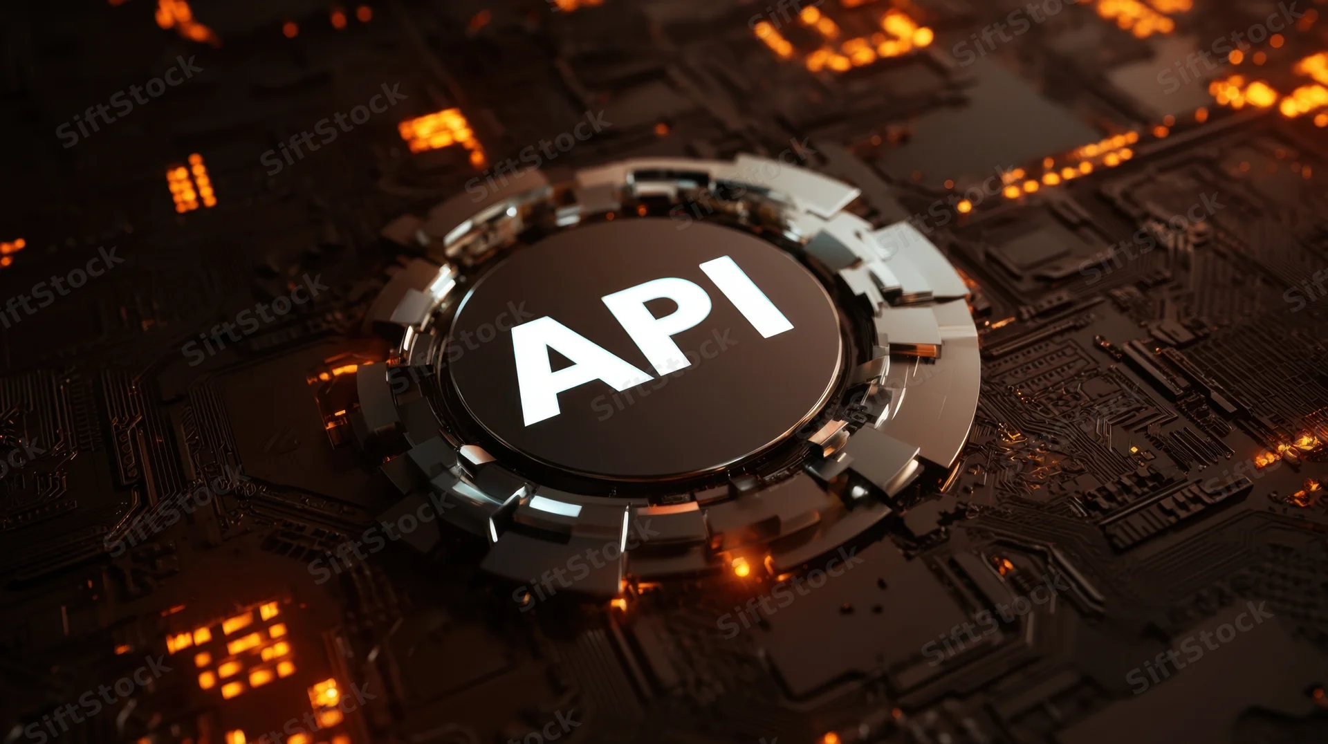 Api chip on a glowing circuit board surface