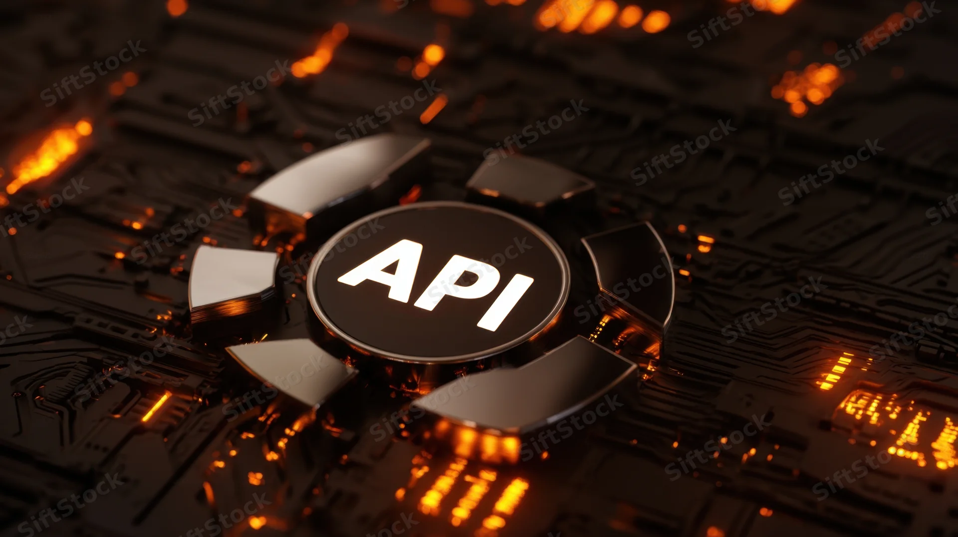 Api symbol on a glowing circuit board surface