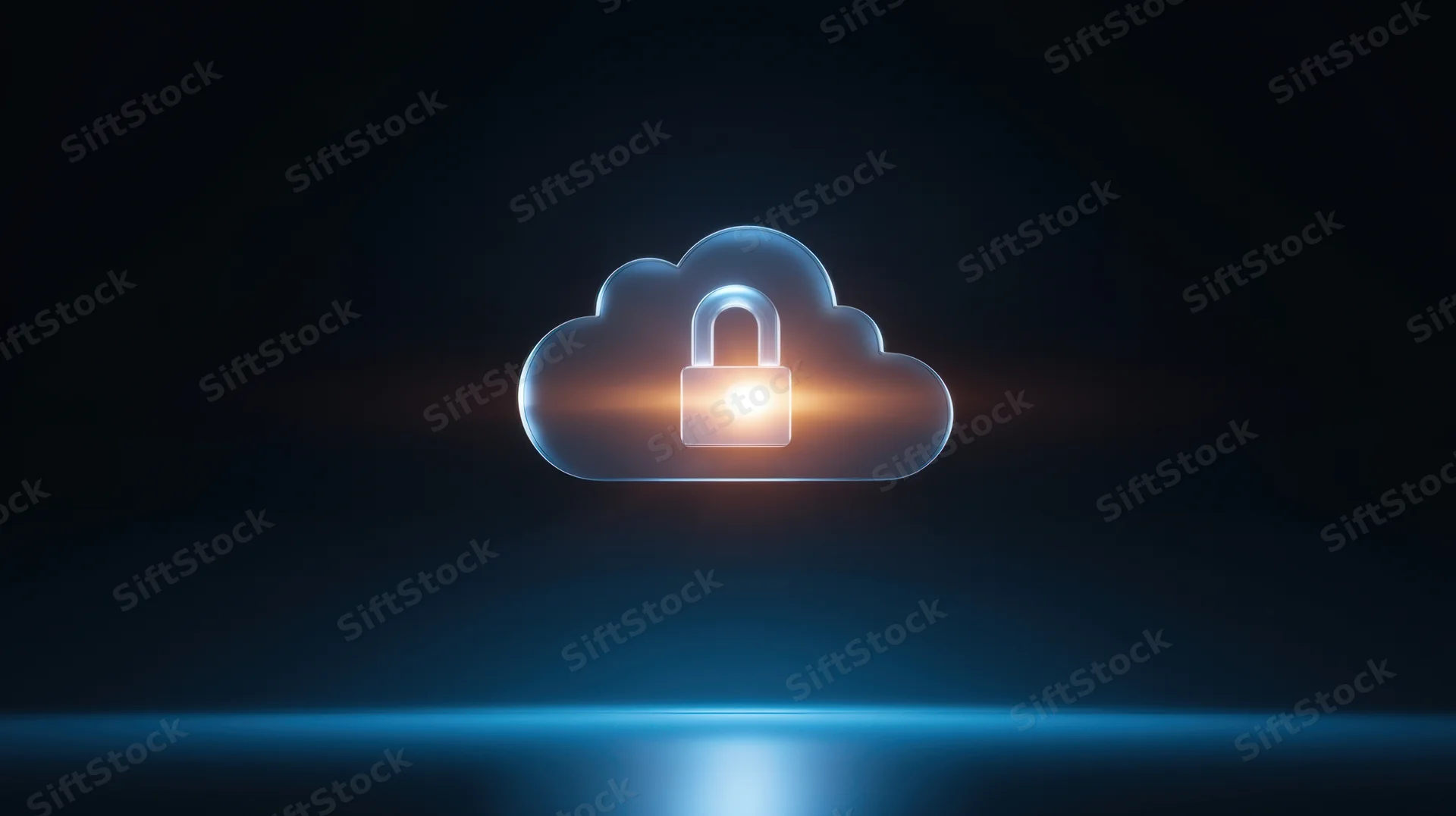Glowing digital cloud with a padlock symbol floating in a dark space with blue light reflection