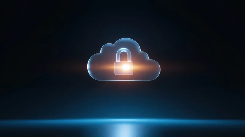 Glowing digital cloud with a padlock symbol floating in a dark space with blue light reflection