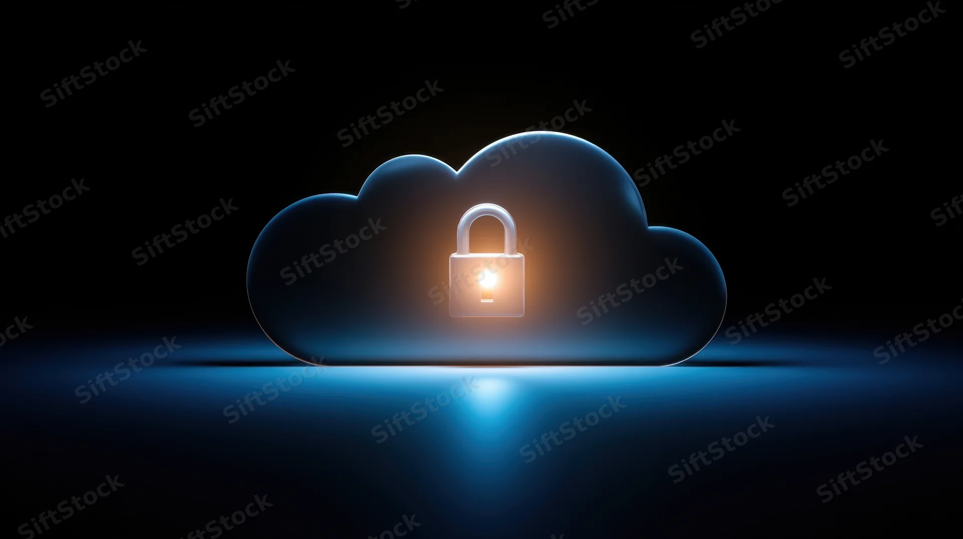 Glowing padlock on a blue cloud symbolizing digital data security