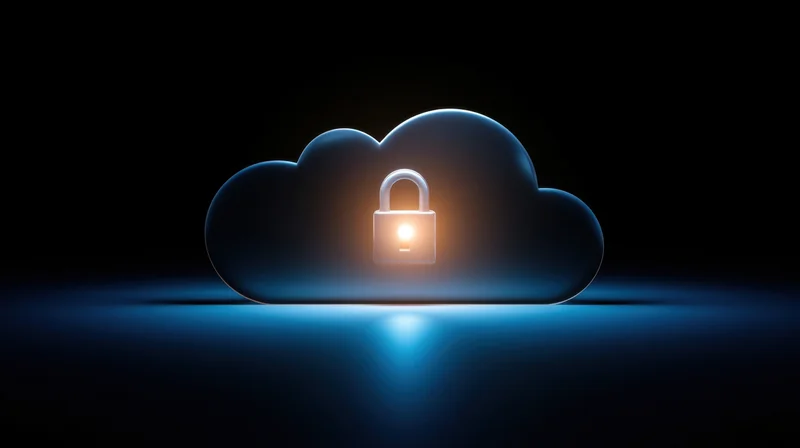 Glowing padlock on a blue cloud symbolizing digital data security