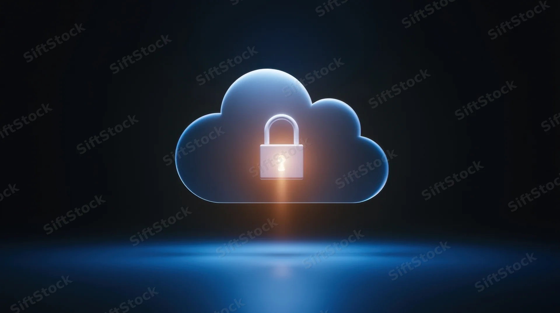 Glowing blue cloud with a padlock symbol floating above a reflective surface