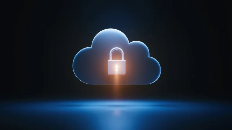 Glowing blue cloud with a padlock symbol floating above a reflective surface