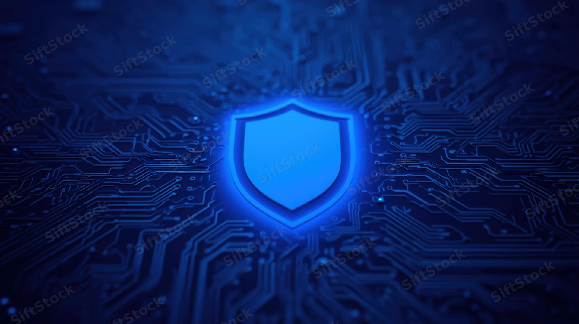 Glowing blue shield symbol on a digital circuit board background