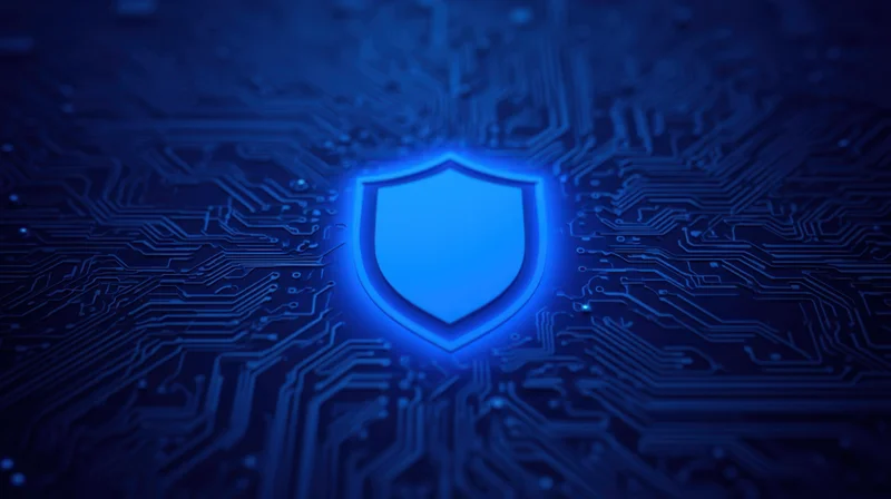 Glowing blue shield symbol on a digital circuit board background