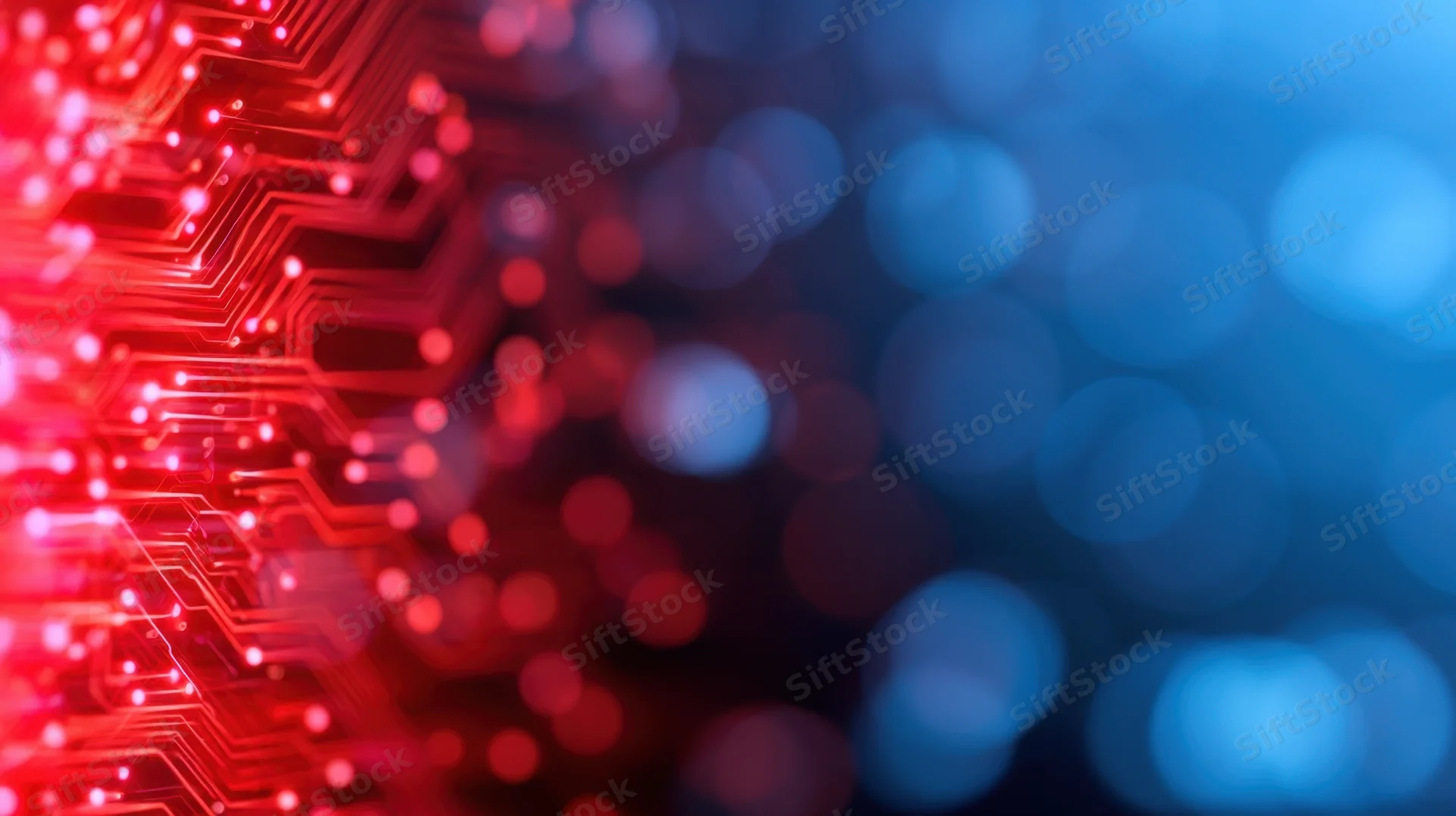 Glowing red circuit board with blue bokeh background showing digital technology connections