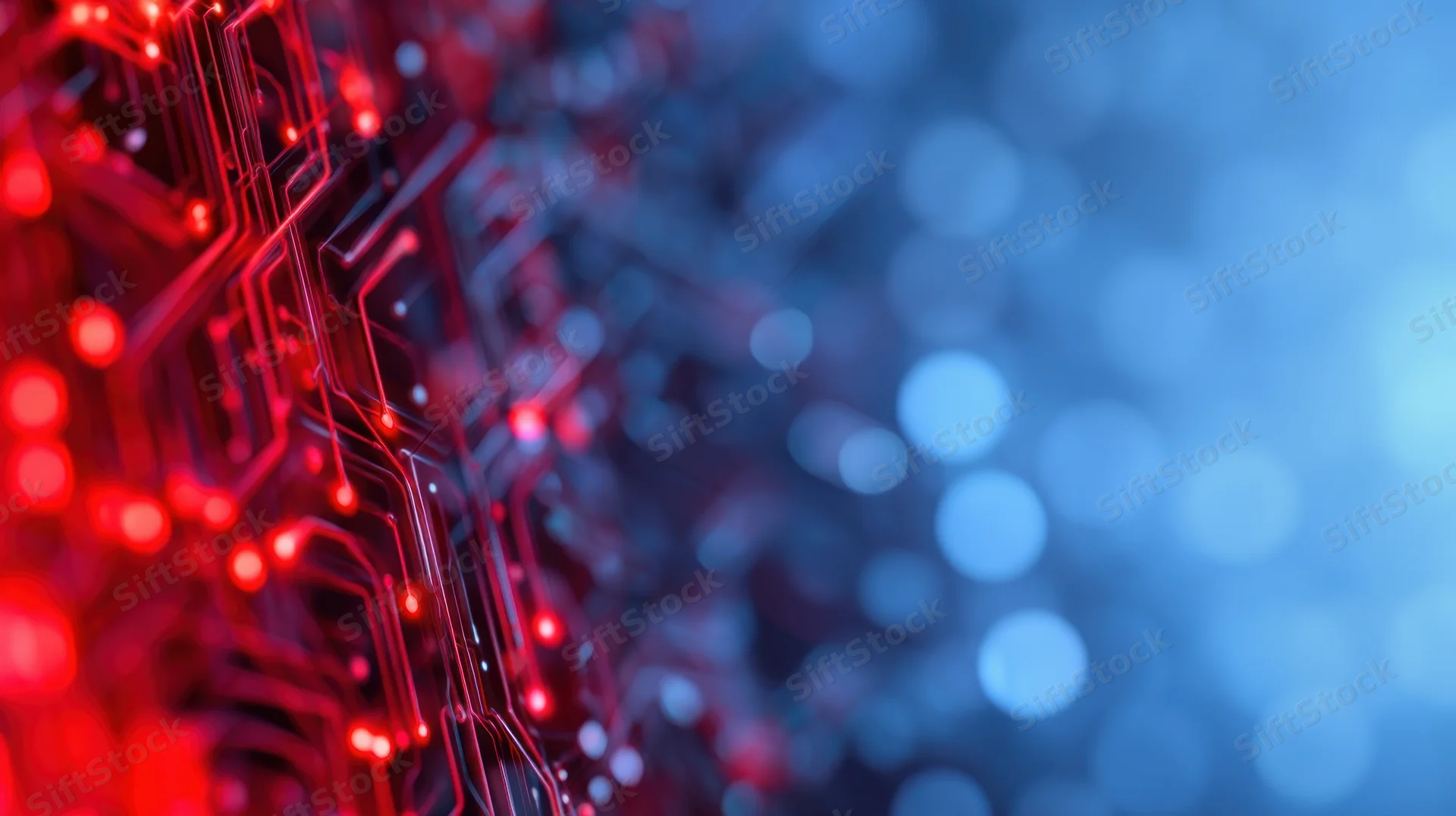 Closeup of glowing red circuit board with blue bokeh background and copyspace