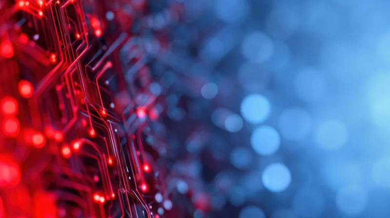 Closeup of glowing red circuit board with blue bokeh background and copyspace