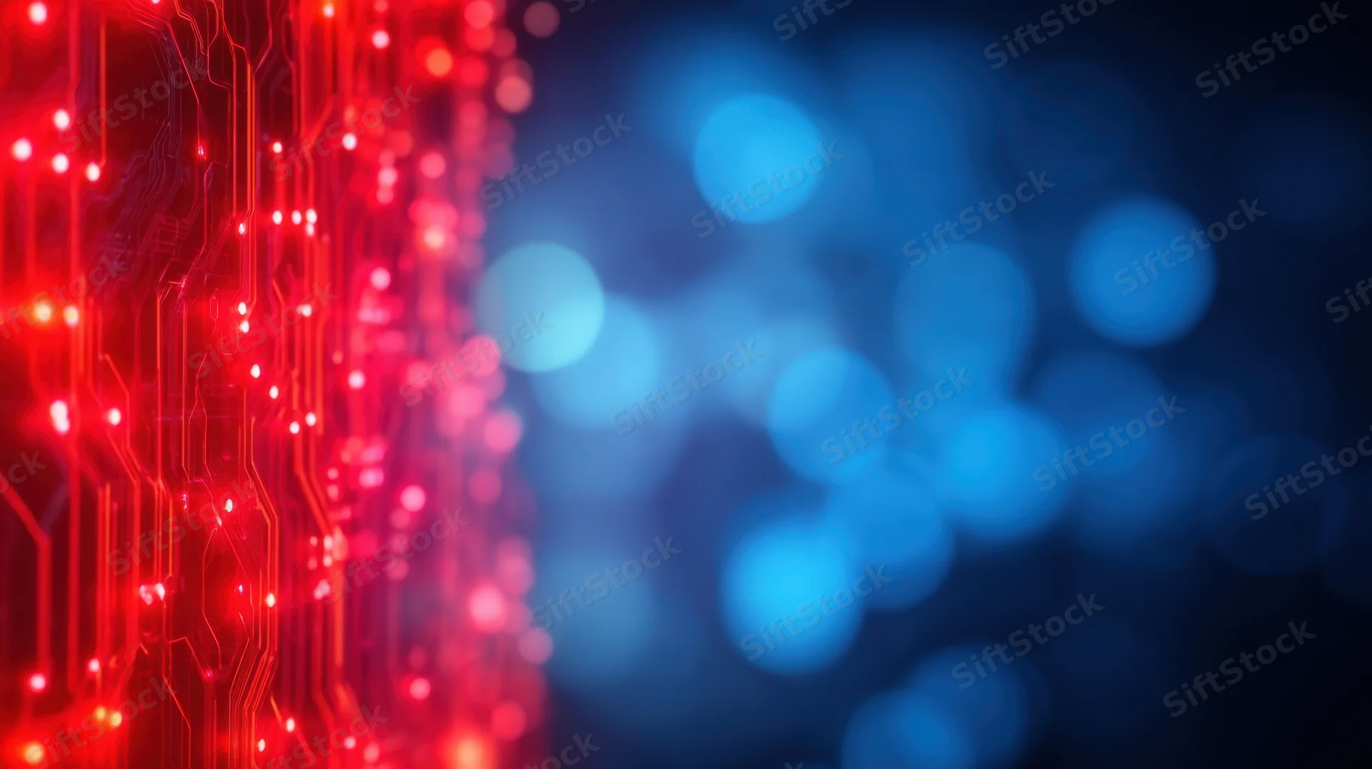 Glowing red circuit board with blue bokeh lights in the background