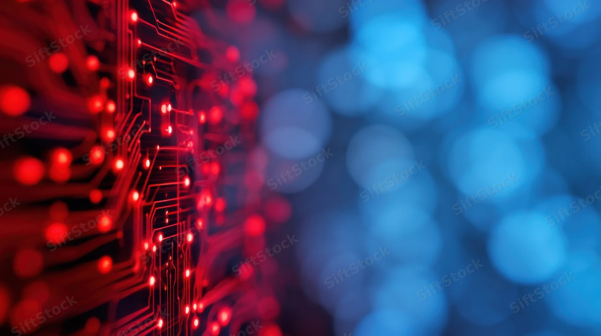 Glowing red circuit board with blue bokeh background showing digital technology