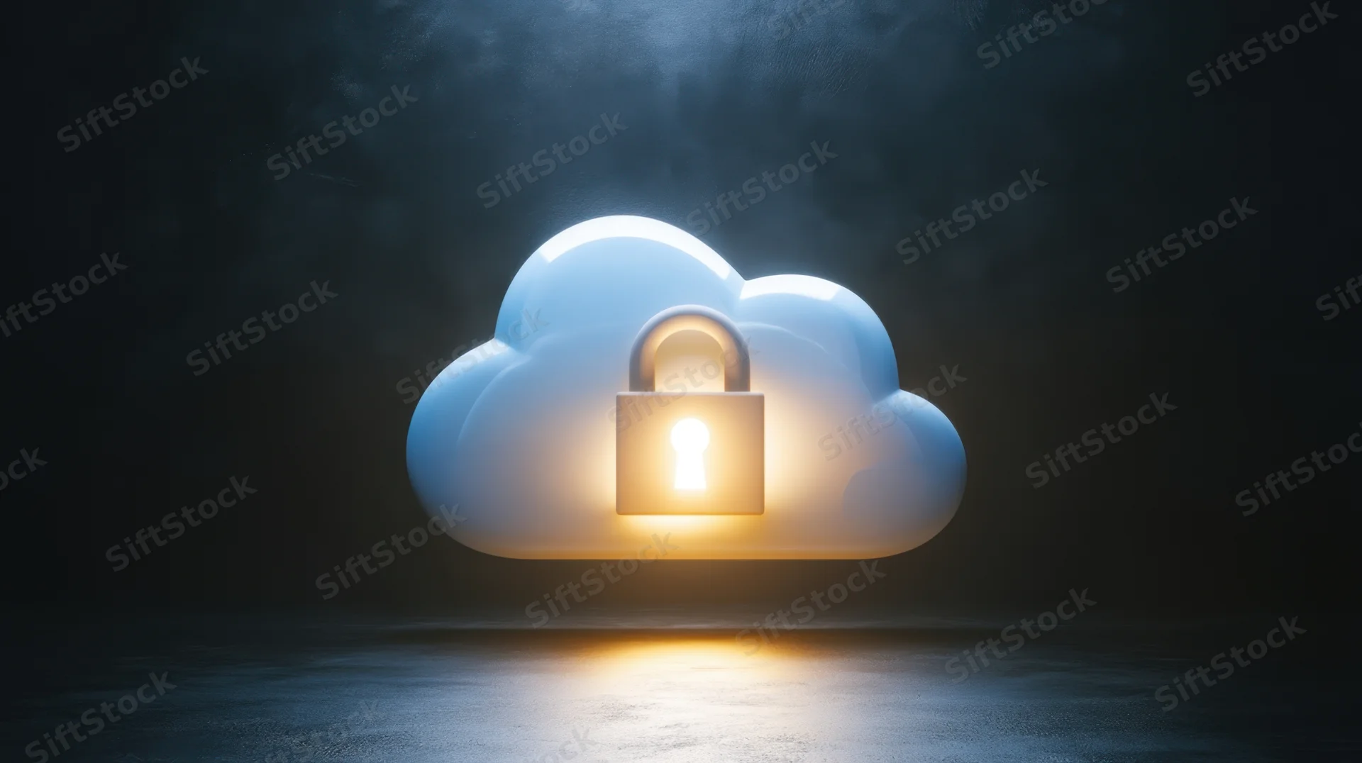 Glowing cloud with a padlock symbol floating in a dark space, illuminated from within, casting light on the ground below