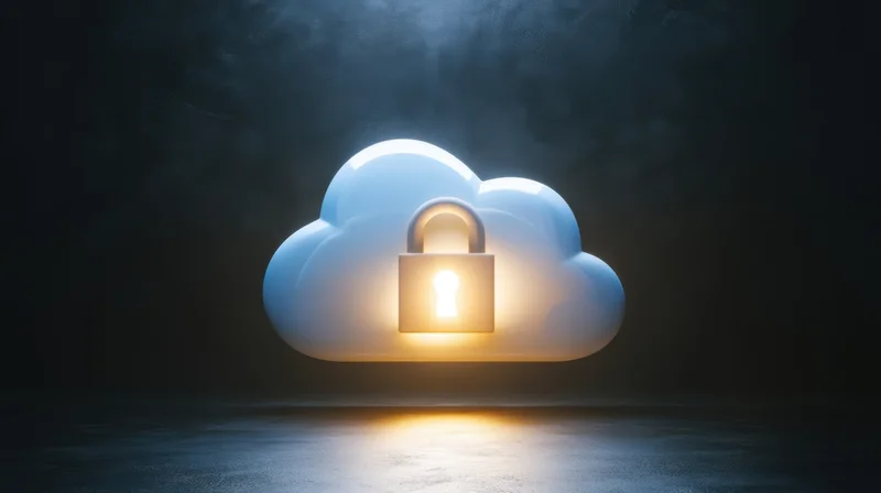 Glowing cloud with a padlock symbol floating in a dark space, illuminated from within, casting light on the ground below