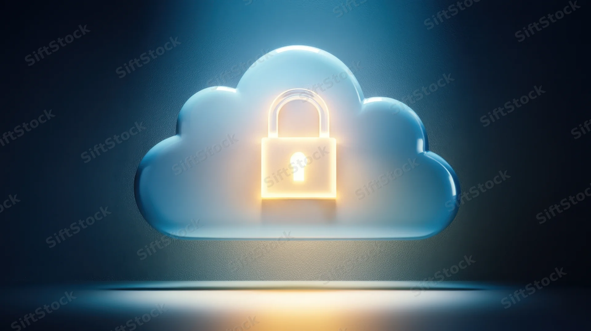 Glowing lock symbol inside a translucent blue cloud against a dark background with light reflection on the floor