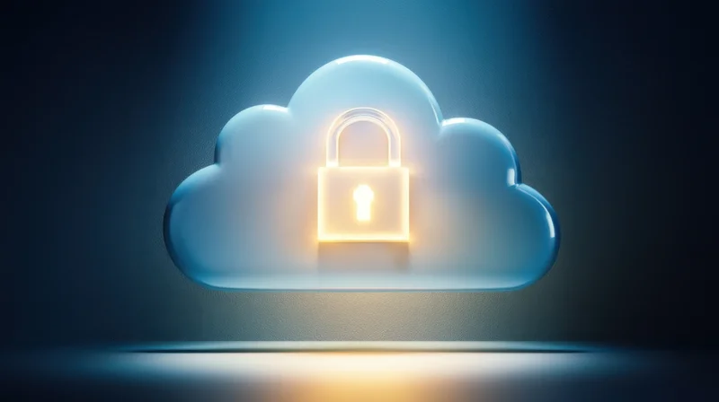 Glowing lock symbol inside a translucent blue cloud against a dark background with light reflection on the floor