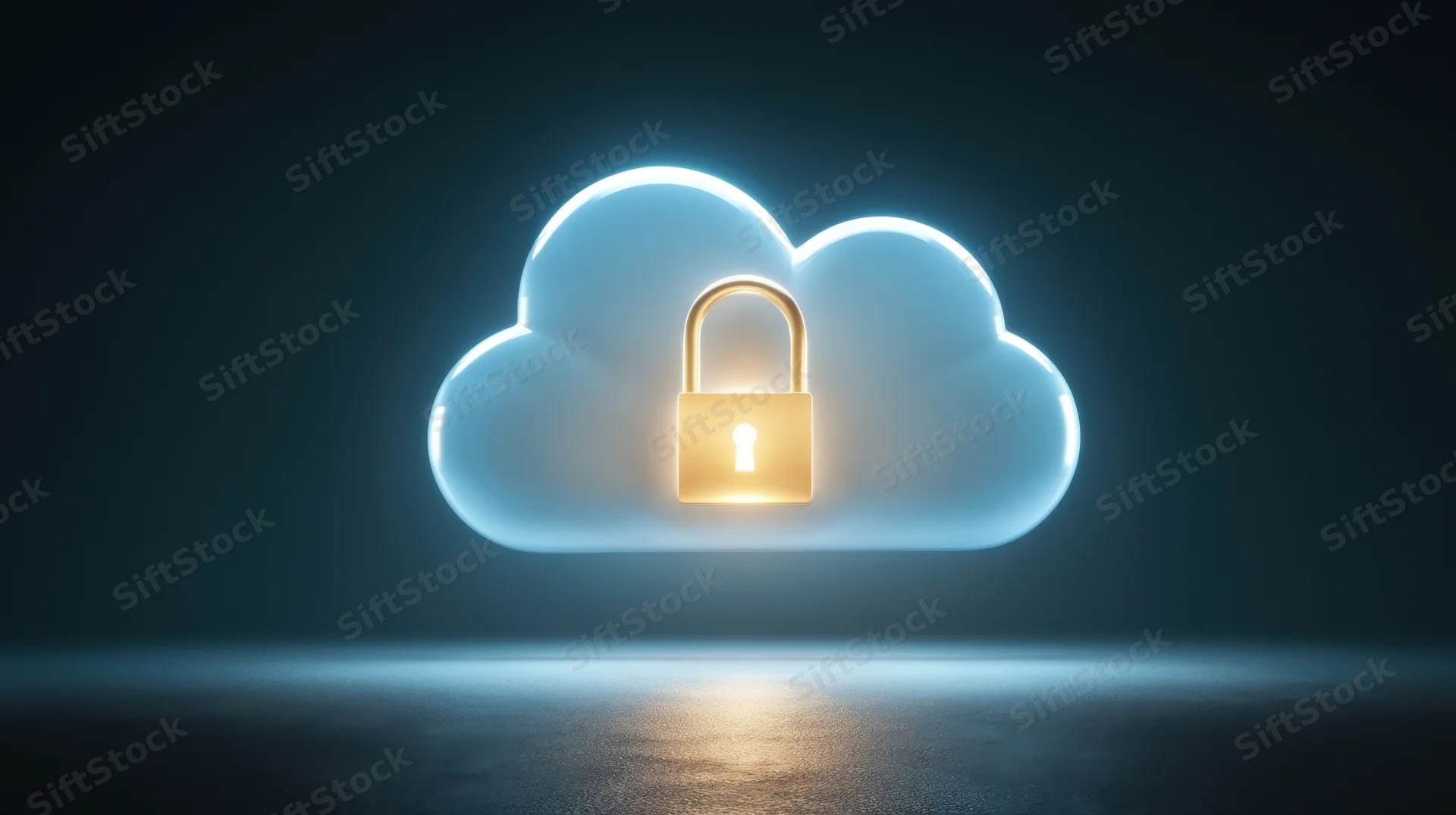 Glowing blue cloud with golden padlock symbolizing data security in digital environment