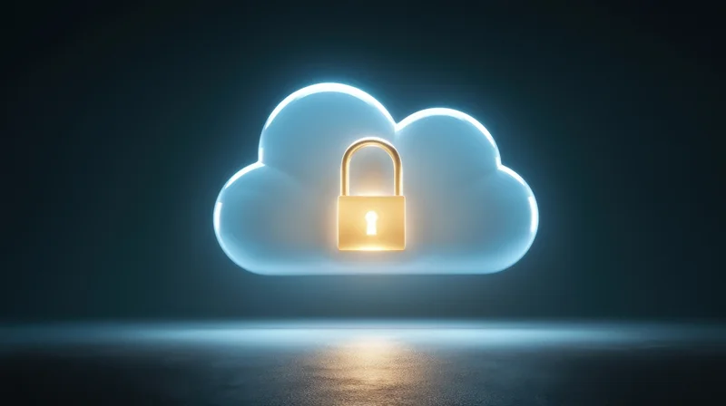 Glowing blue cloud with golden padlock symbolizing data security in digital environment