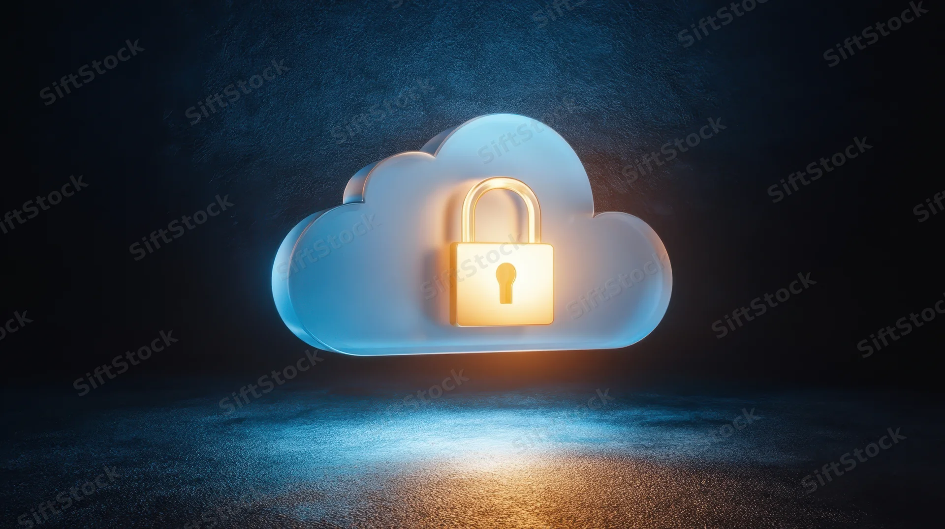 Glowing padlock on a blue cloud symbolizing data security in a dark digital environment