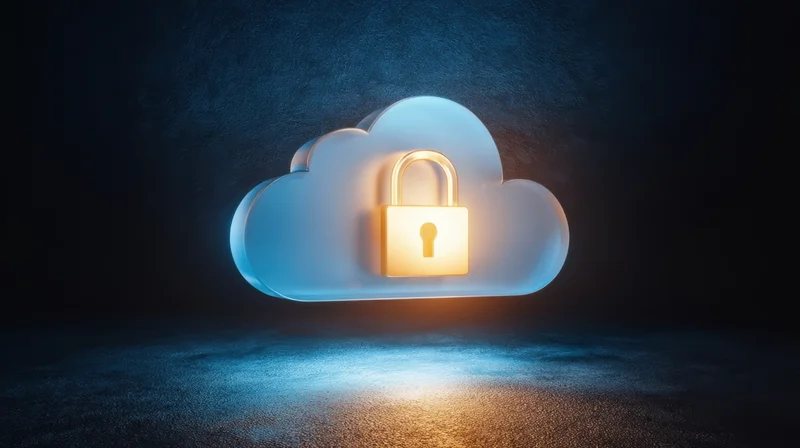 Glowing padlock on a blue cloud symbolizing data security in a dark digital environment