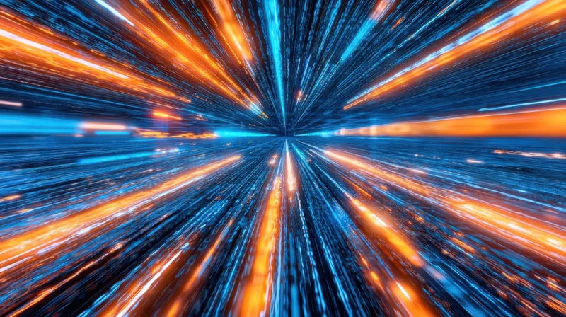 Digital light streaks converging in a tunnel of motion and speed