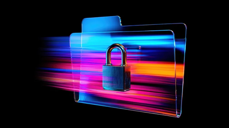Digital folder with a padlock symbolizing data security against a black background with neon light streaks