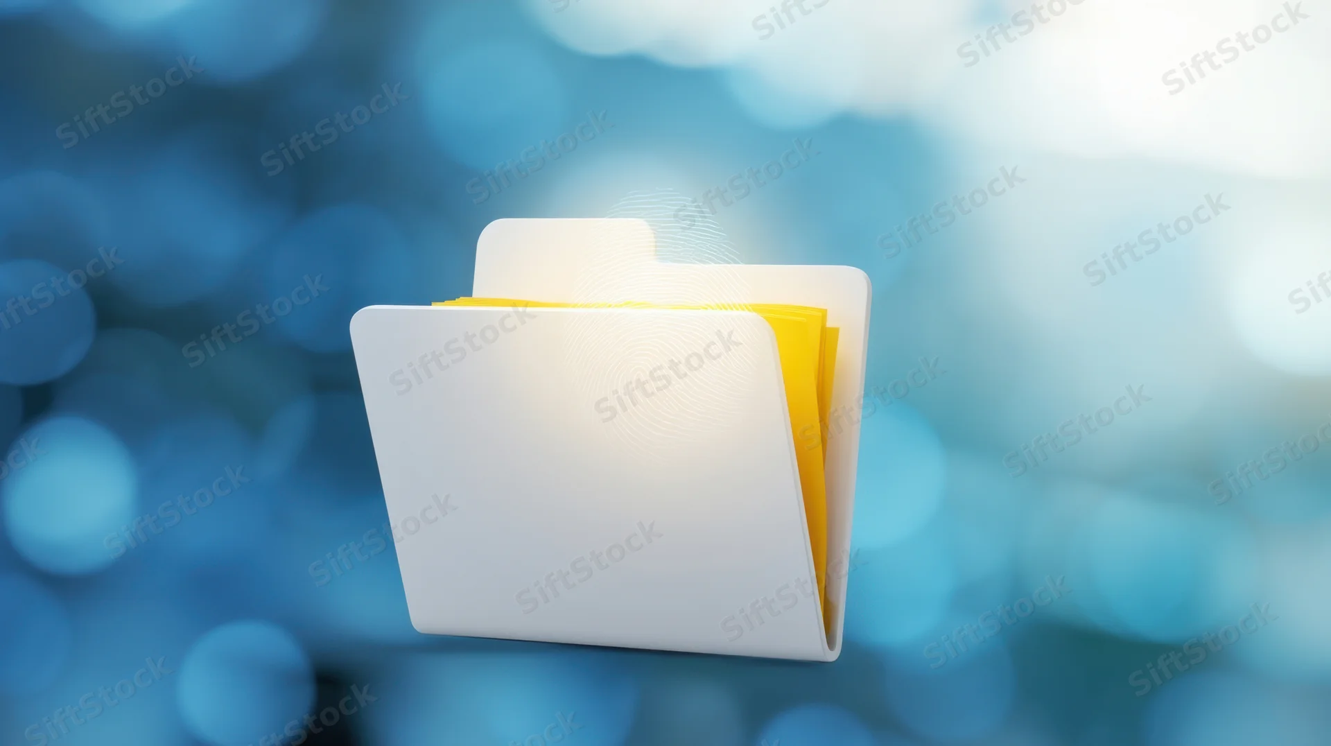 White digital folder icon with yellow documents against a blue bokeh background