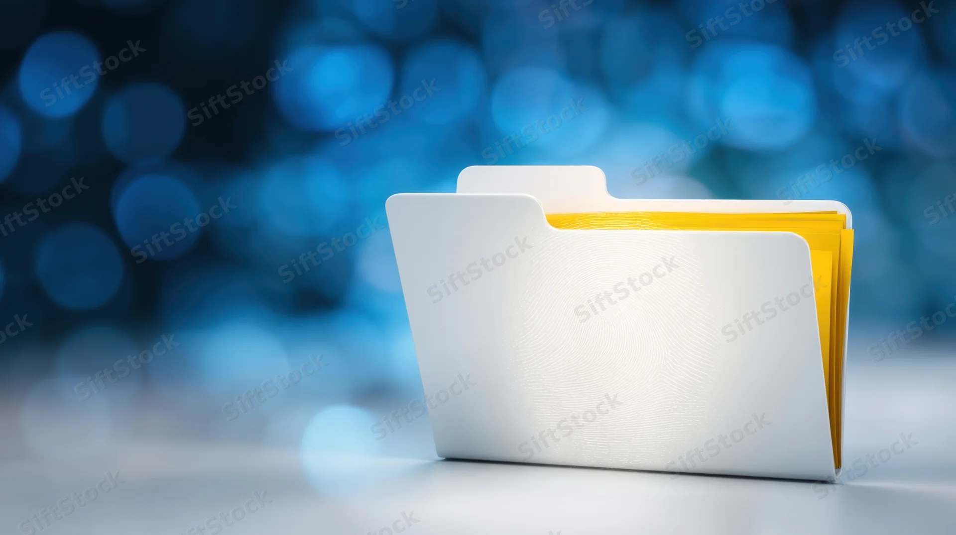 White and yellow digital folders on a surface with blue bokeh background