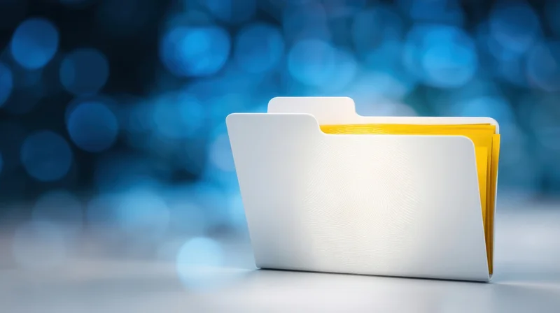 White and yellow digital folders on a surface with blue bokeh background
