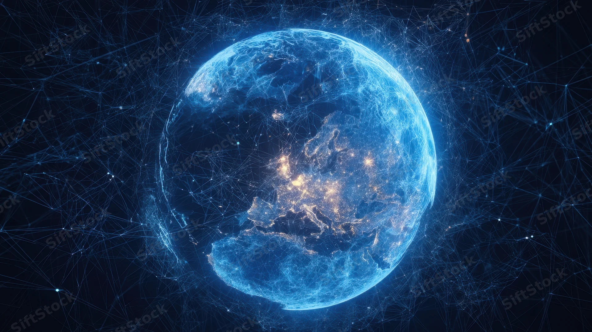 Digital globe with glowing network connections surrounding earth at night