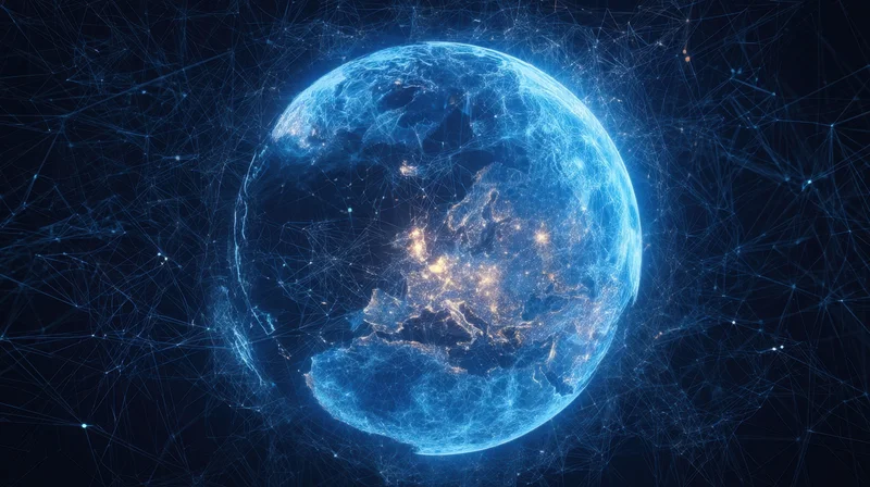 Digital globe with glowing network connections surrounding earth at night