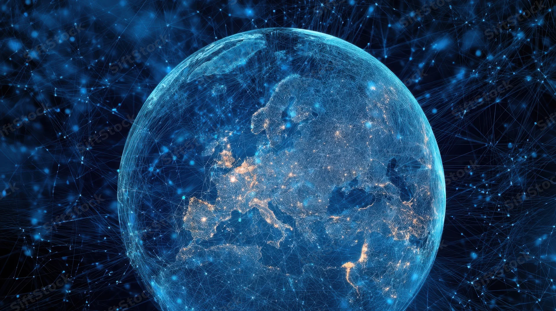 Digital globe with glowing network connections showing europe and asia at night