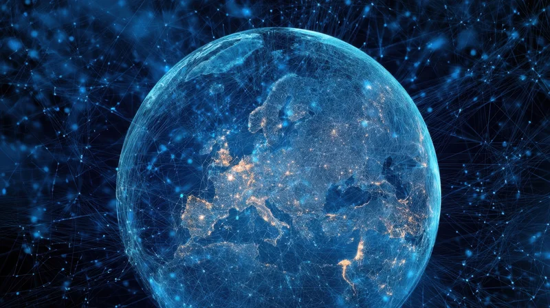Digital globe with glowing network connections showing europe and asia at night