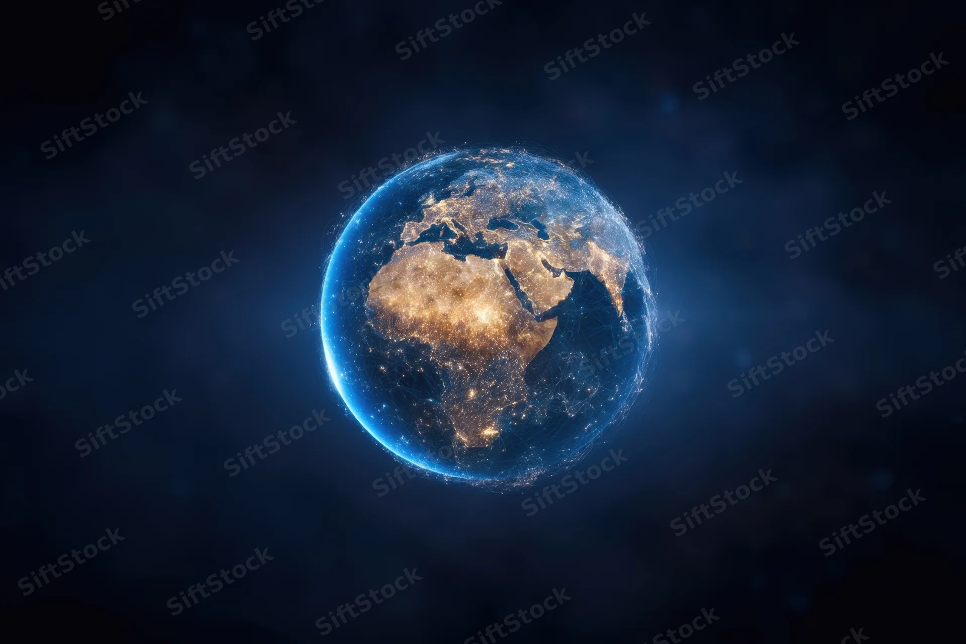 Digital globe showing illuminated continents in space at night