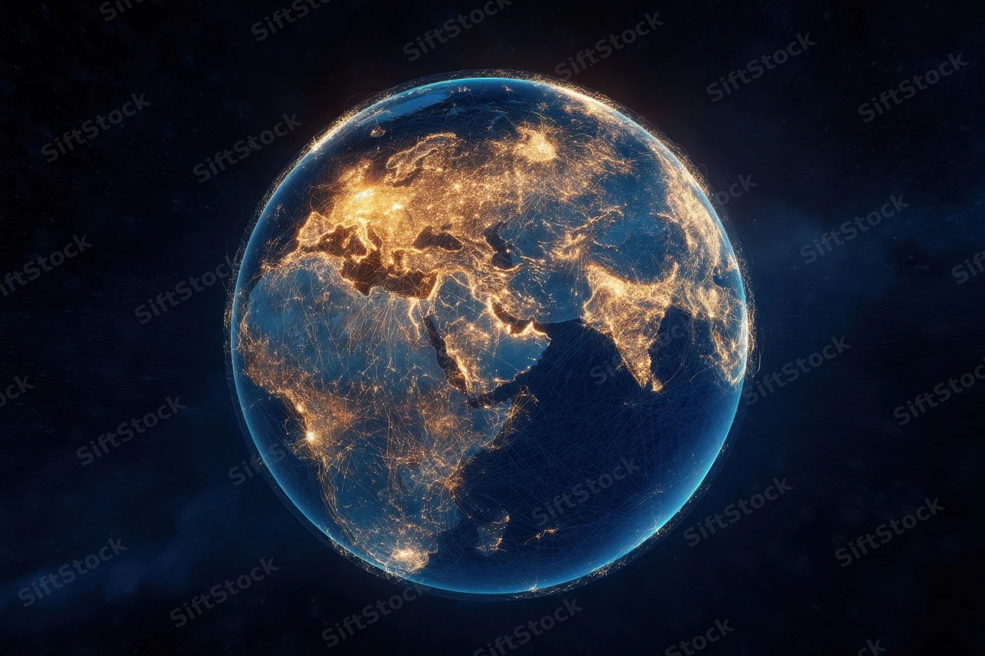 Illuminated earth from space showing city lights and digital network connections