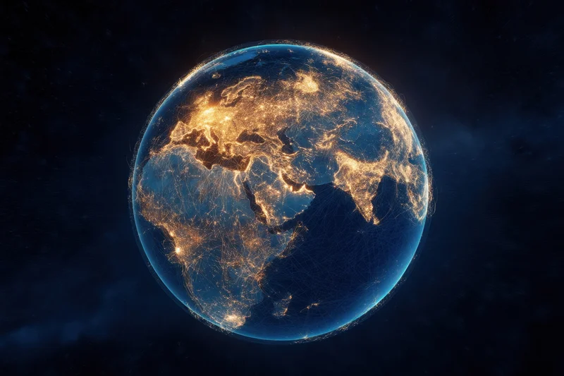 Illuminated earth from space showing city lights and digital network connections