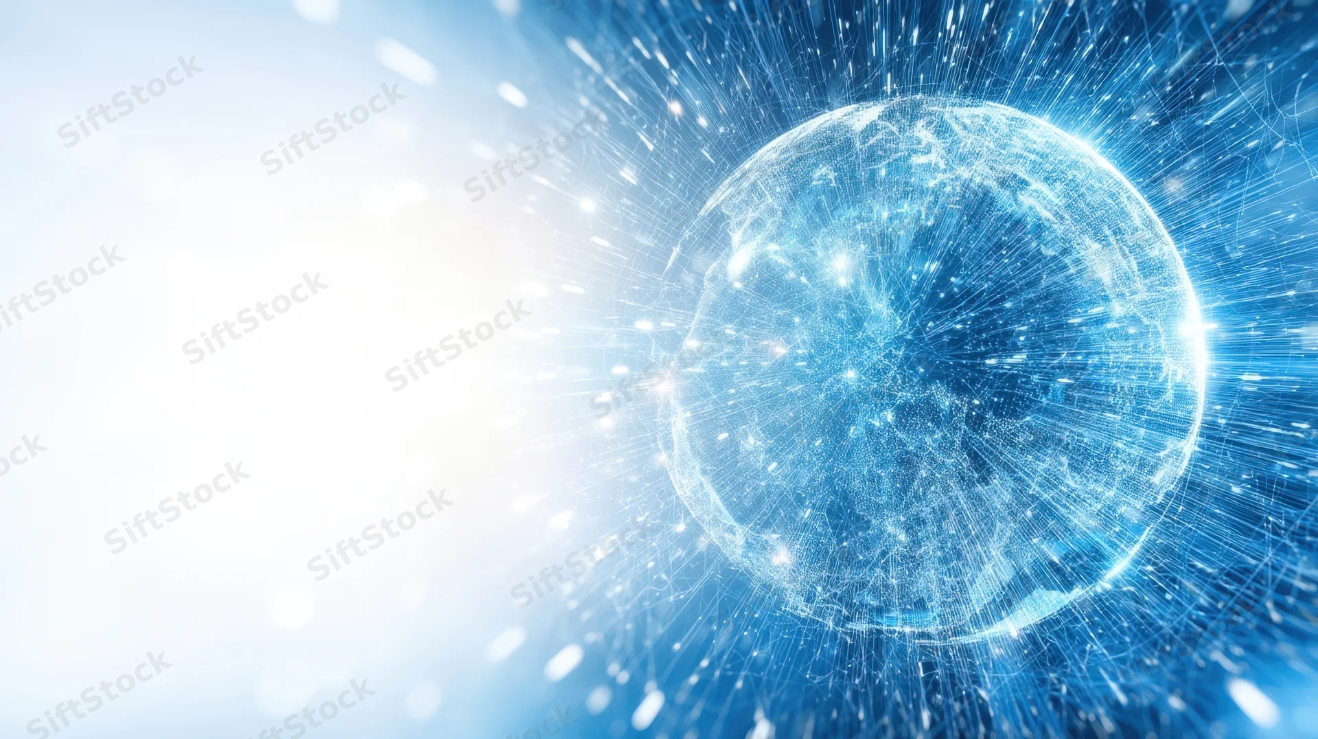 Digital globe with glowing network lines and light bursts on a bright blue background