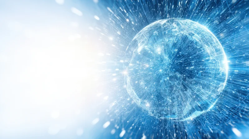 Digital globe with glowing network lines and light bursts on a bright blue background
