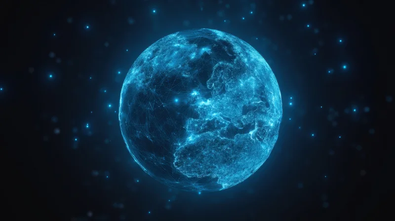 Digital wireframe globe glowing with network connections in space
