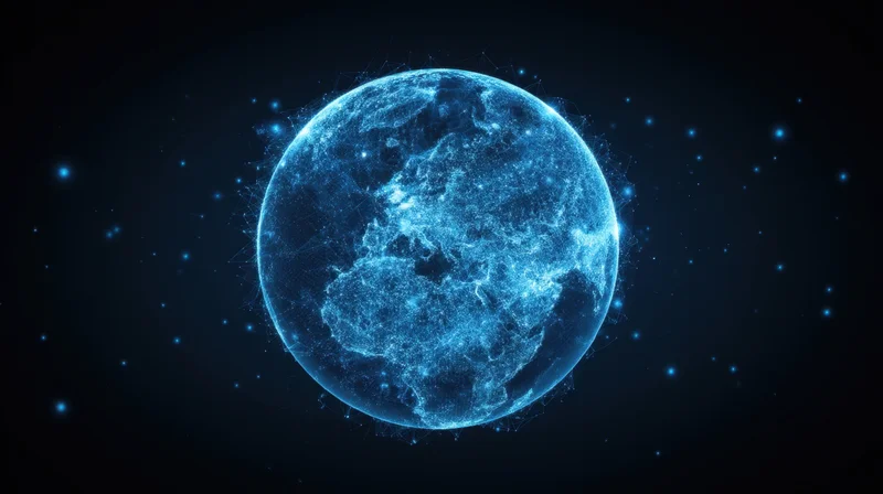 Digital globe with glowing network lines floating in dark space